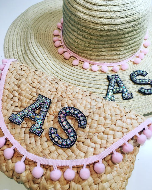 Personalised Rhinestone Initial Straw Clutch Bag with Pom Pom Trim